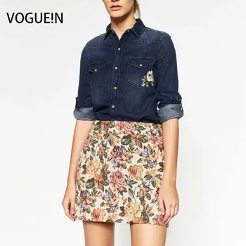 

VOGUE!N New Womens Ladies Floral Embroidery Long Sleeve Denim Blouse Shirt Tops