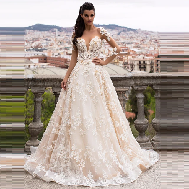 Vestido De Noiva 2017 Light Champagne Lace Wedding Dress With Long Vestido De Noiva 2017 Light Champagne Lace Wedding Dress With Long Sleeve Y Backless Sheer Bodice