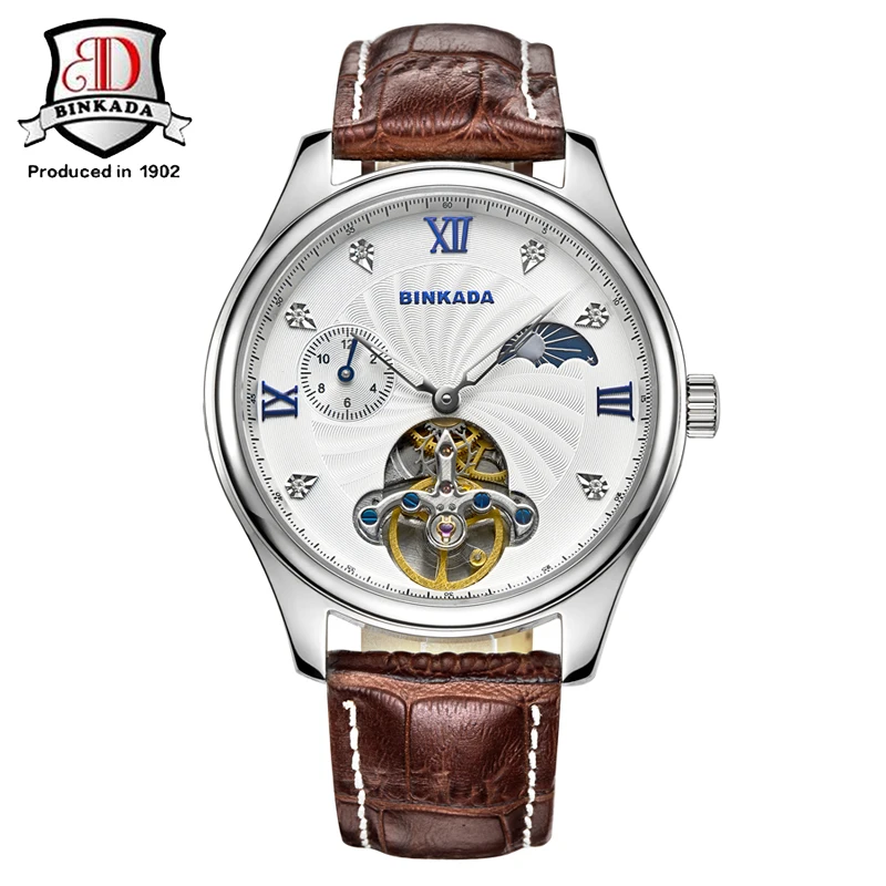 

BINKADA Men's Luxury Automatic Mechanical Watch Genuine Leather Band Hollow Wrist Watch High Quality Relogio Releges masculinos