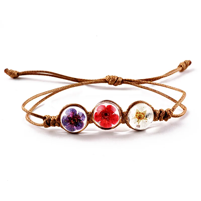 

Crystal Ball Leather Braided Bracelet Lucky Flower Dried Flower Glass Beads Hand-knitted Retractable Bangles Women Jewelry Gift
