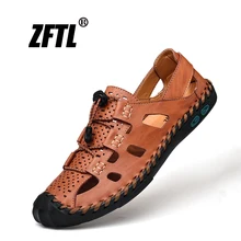 ZFTL/Новинка; мужские сандалии; кожаные повседневные пляжные сандалии; быстросохнущие дышащие туфли с отверстиями для отдыха; Мужские Пляжные шлепанцы; большие размеры; 0100