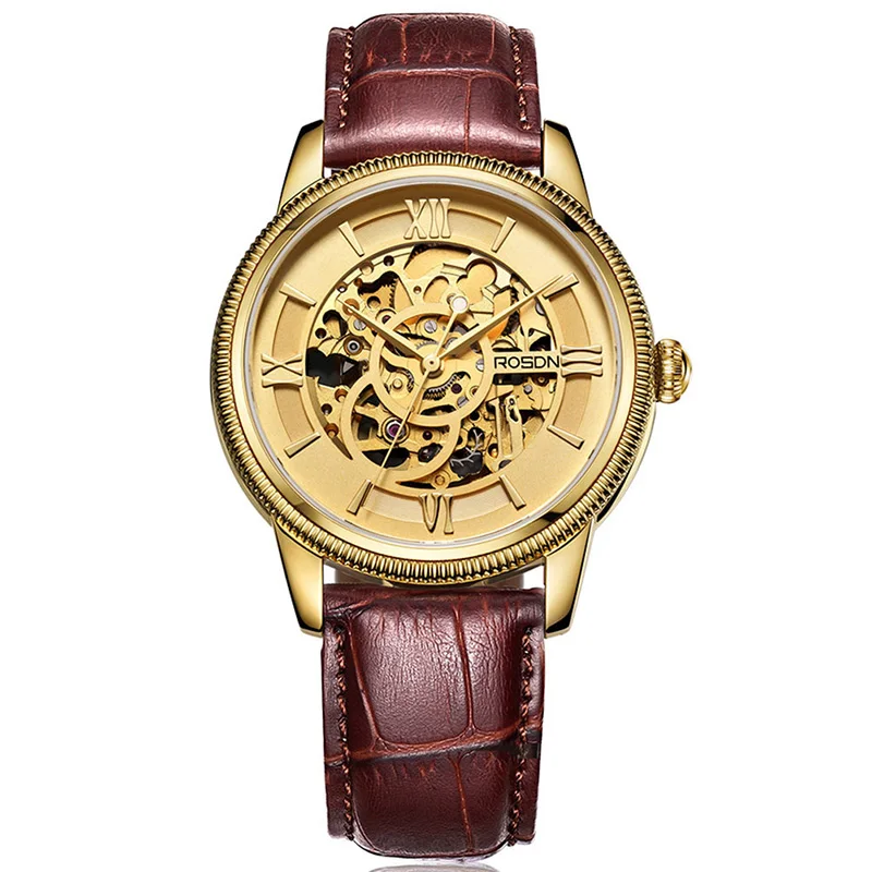 ROSDN Men s font b Watch b font Automatic Selt wind Stainless Steel Rome Sapphire Crystal