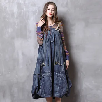 

Brand original boutique women's clothing 2019 spring autumn new sling denim skirt retro two wearing tassel lanterns skirt women