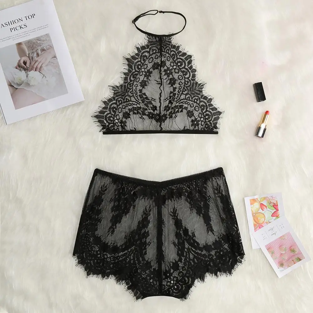 

New Women's Lace Hollow Openwork Sexy Perspective Two-piece Set Tops+Briefs Hot 2019 Hot Fashion Sexy Erotic Underwear Sets #D