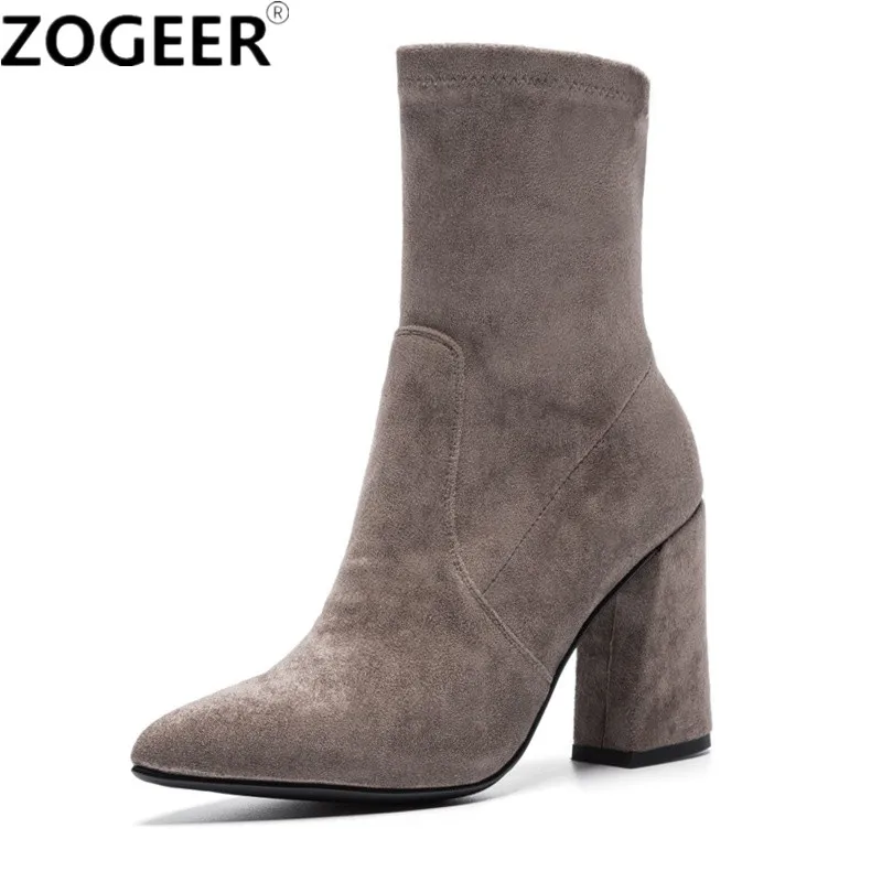 

Woman Boots Fashion Stretch Fabric Suede Pointed Toe Slim Ankle Boots 2018 Ladies Slip On High Heel Sexy Black Plus Size Shoes