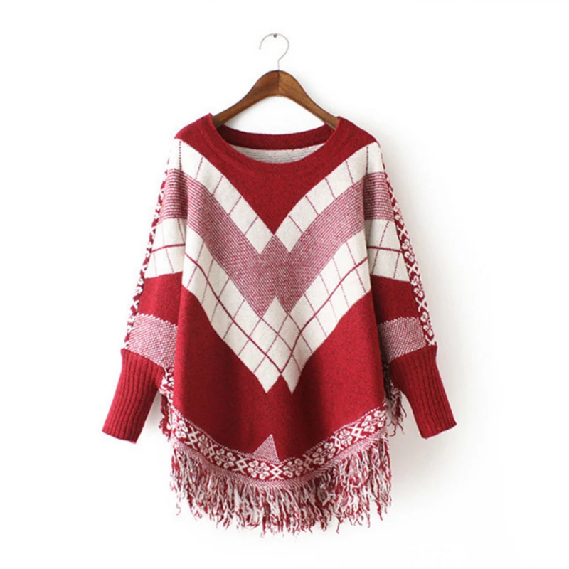 Леди О-образным вырезом Волшебный цвет жаккардовые кисточкой плащ свитер Для женщин Элегантный Batwing пуловеры бахромой вязаная накидка трикотаж MT2262