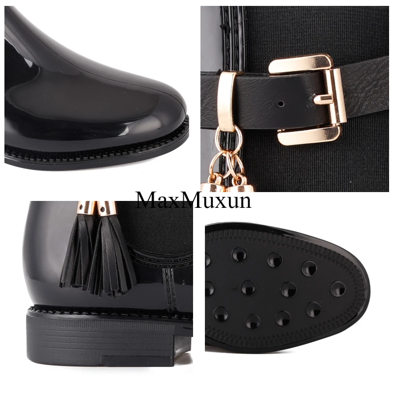 MaxMuxun/женские резиновые ботильоны; непромокаемые сапоги с Черной Бахромой; повседневные Зимние ботиночки; Женская водонепроницаемая обувь без застежки на массивном каблуке