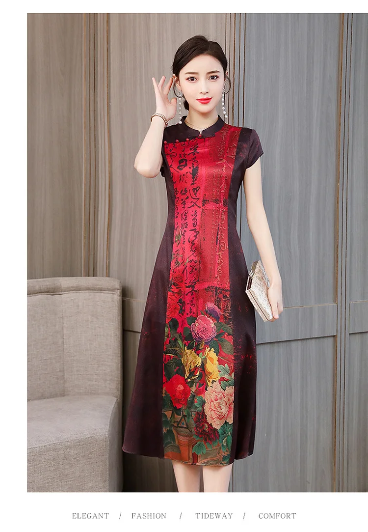 Шелковое женское платье, летнее, новое, сшитое, с принтом, cheongsam, с коротким рукавом, платья большого размера, L-4XL, высокое качество, вечерние платья