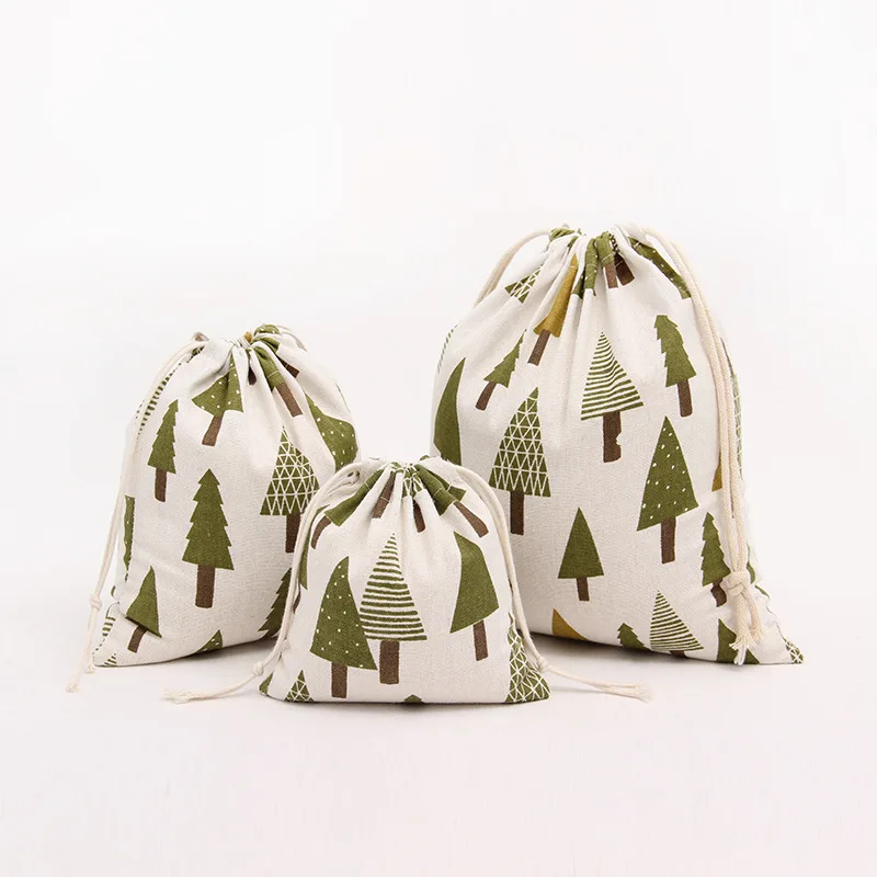 

N072 Handmade Cotton Linen Draw String Storage Bag Candy Tea Sorted Bag Printed Green Tree Christmas Tree