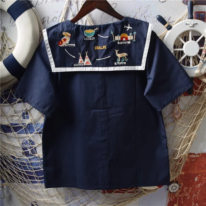 Японский Стиль Мори девушка Лолита хлопок мультфильм Вышивка матрос воротник короткий рукав рубашка Летняя женская блузка Топы - Цвет: Navy Blue
