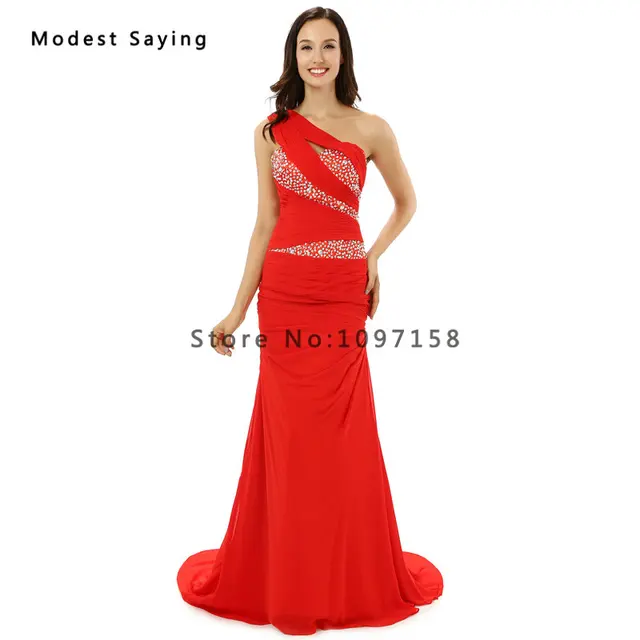 New 2017 Red One Shoulder Evening Dresses with Rhinestone Formal Long ...