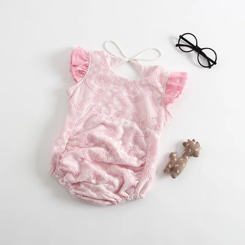 2018 designer baby girl pink Lace romper infant Ruffles Open Back