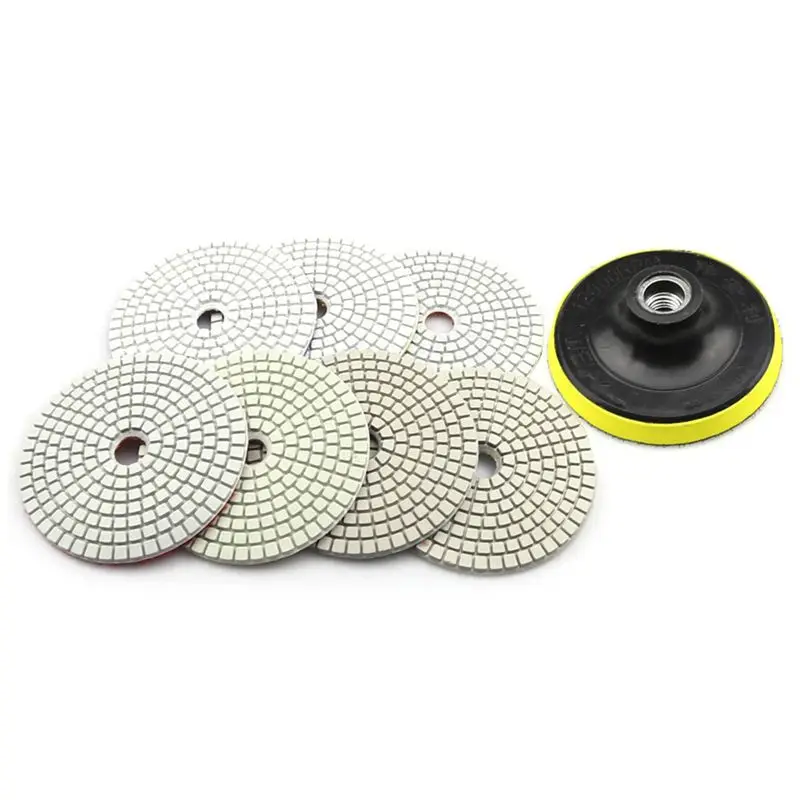 7 Pieces 4 Inch Diamond Wet Grinding Disc Flexible Polishing Pad +1 Piece M10 Back-Up Pad Nozzle For Marble Stone Ceramic Tile