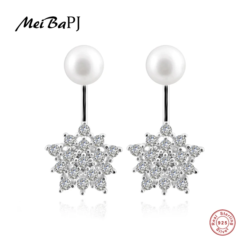 

[MeiBaPJ]New design fashion 925 sterling silver snowflake stud earrings genuine natural freshwater round pearl beads earrings