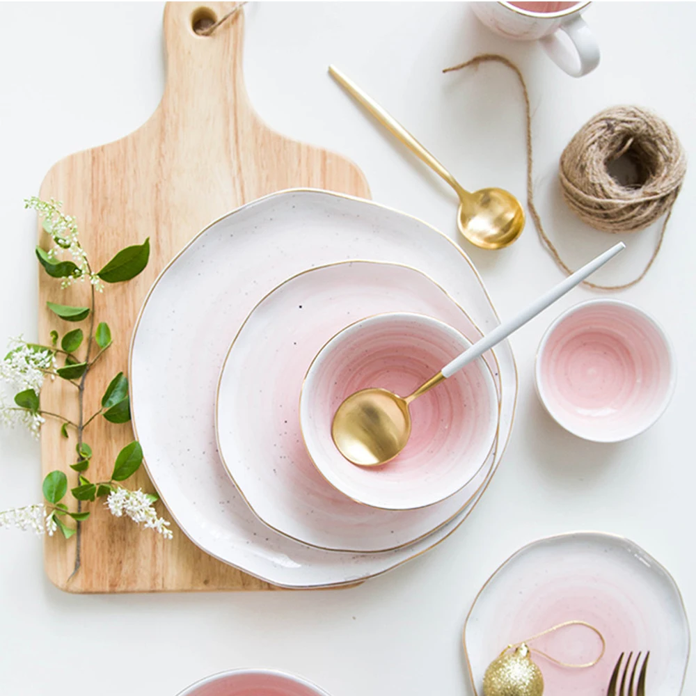 

MDZF SWEETHOME Gold-edged Ceramic Tableware Set Rice Salad Soup Bowl Steak Plate Serving Dish Three Style