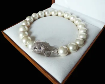 

FREE SHIPPING>>>@@ design Natural 18'' 20mm white shell pearl inlay zircon leopard head LUXURY necklace