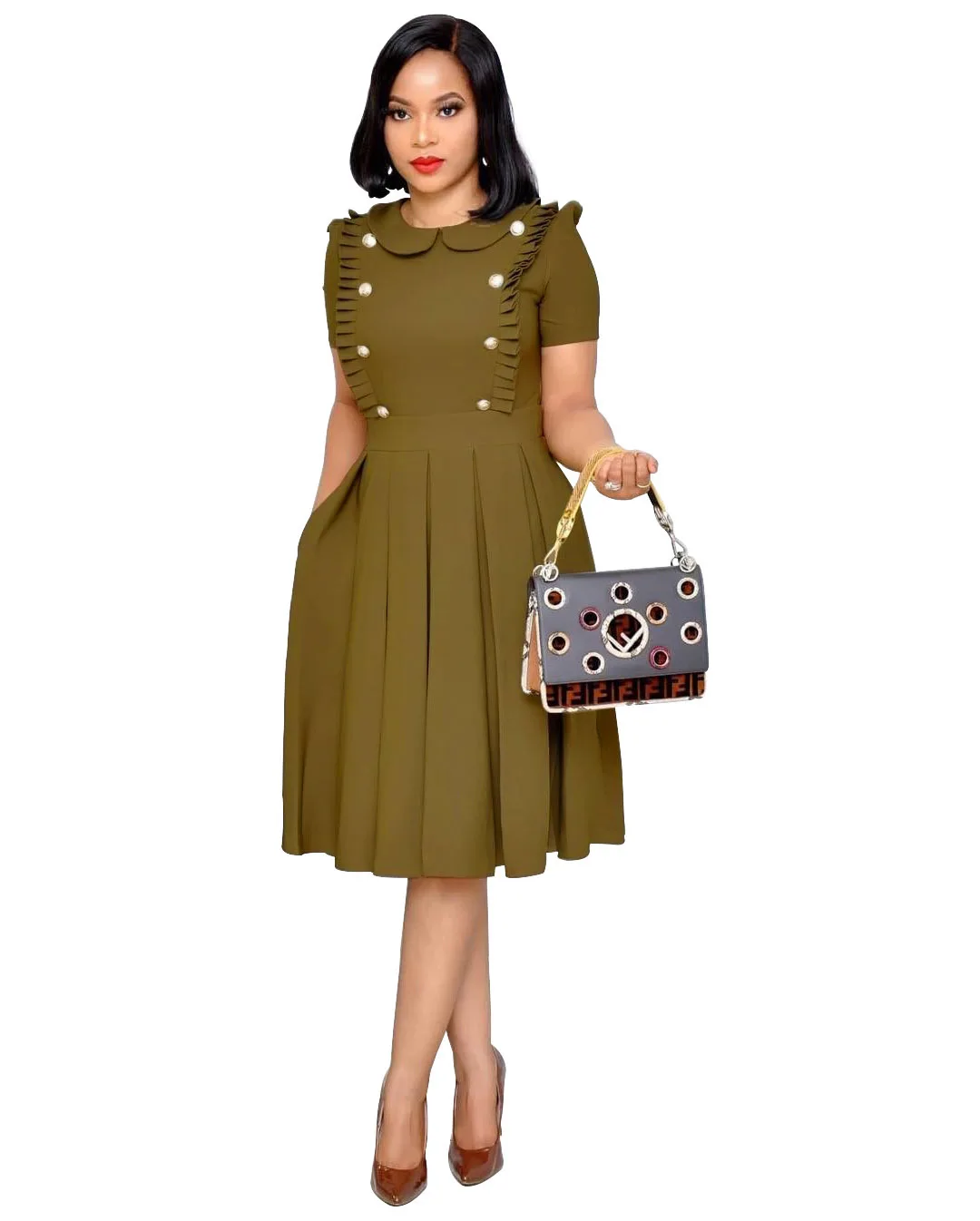 WY6540 Европейское и американское модное плиссированное платье с короткими рукавами и воротником в виде листа лотоса плиссированное платье 4 цвета S-2xl Размер