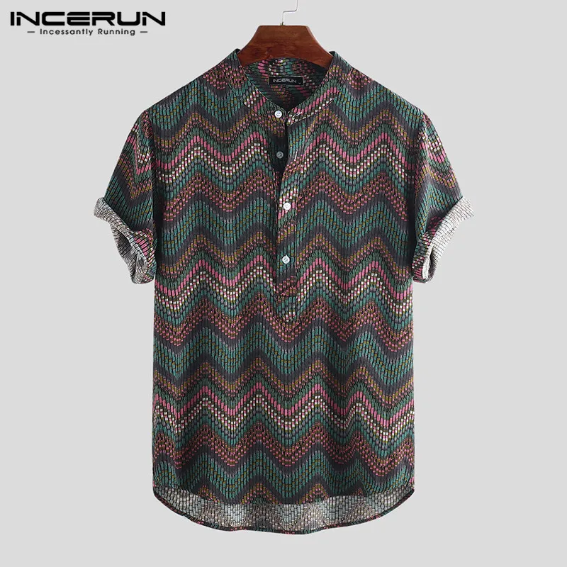 INCERUN Print Men Hawaiian Shirt Stand Collar Camisa Short Sleeve Button Up Tops Vintage Casual Shirts Men Streetwear S-5XL