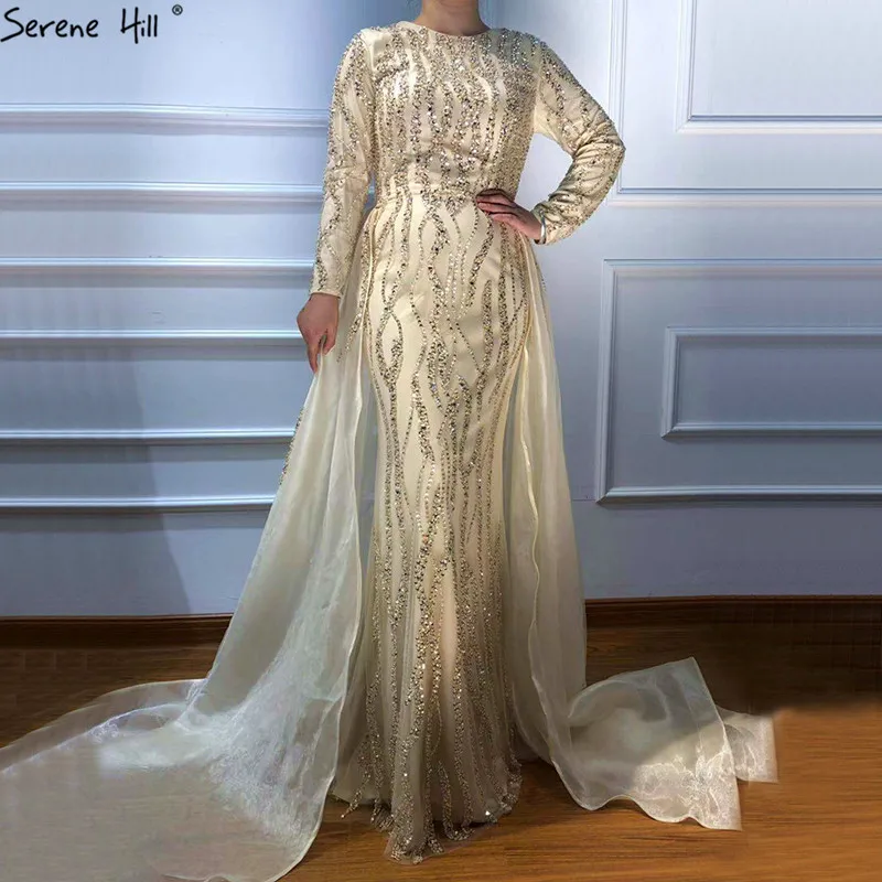 Серое Роскошное дизайнерское вечернее платье с русалочкой из Дубаи, модные вечерние платья с длинными рукавами, украшенные бисером и блестками, Serene Хилл LA6302 - Цвет: champagne