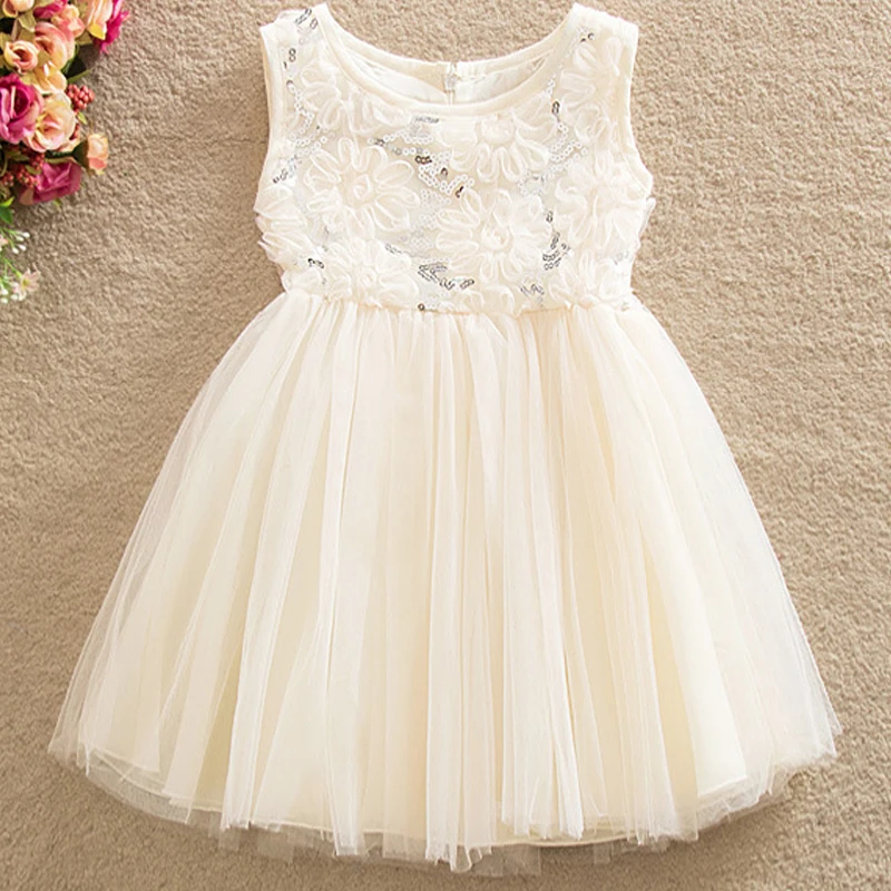 

Fashion new Beige sequins three-dimensional rose ballet baby girl party sleeveless princess dress elegant summer children's wear