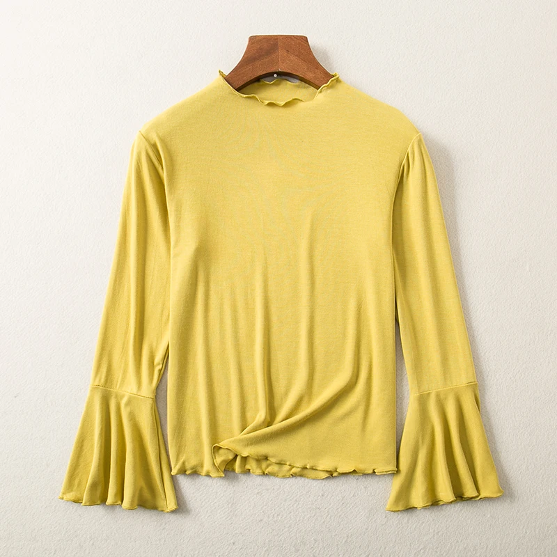 

3b 2019 autumn new fashion wild self-cultivation stretch curling trumpet sleeve T-shirt top brx200260 cherry