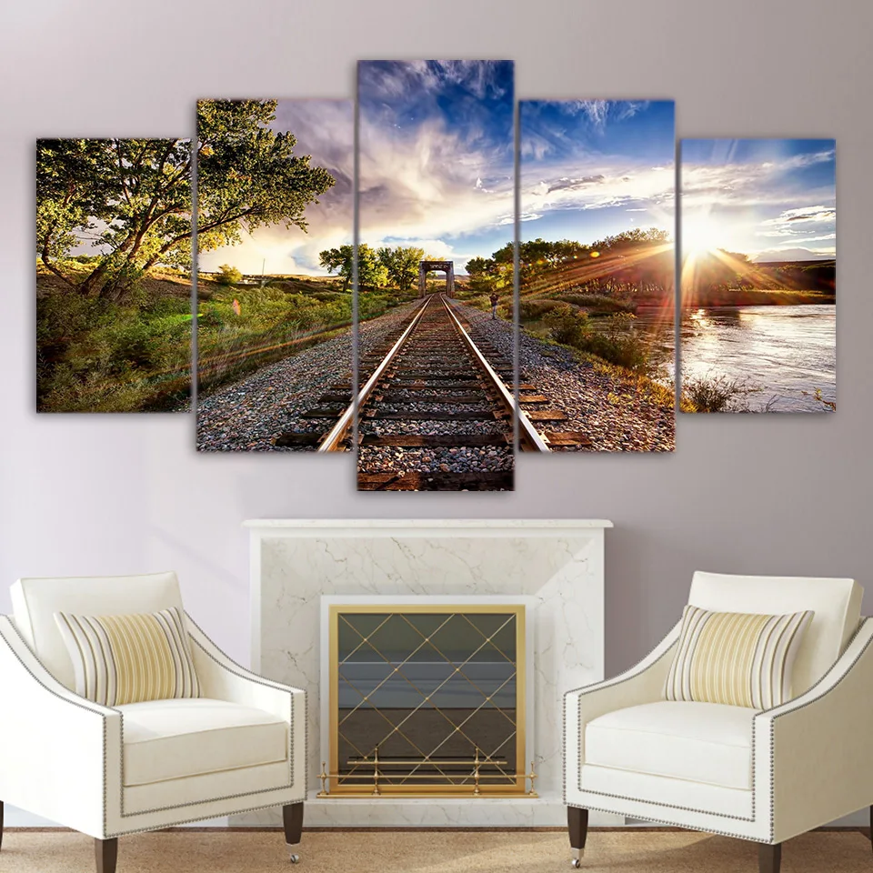 

Canvas Wall Art HD Printed Modern Frame Posters 5 Pieces Blue Sky Railway Sights Sunset Tree Painting Home Decor Pictures PENGDA