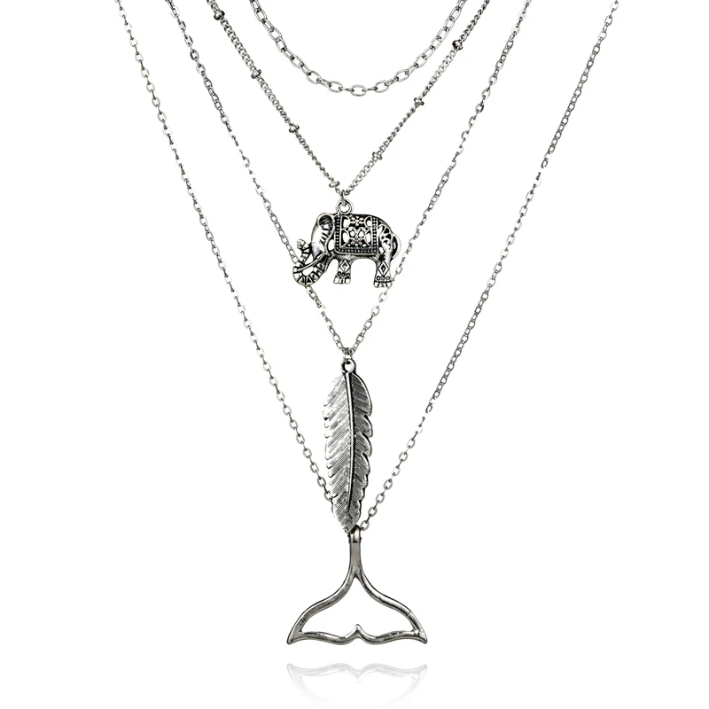 Tocona богемный старинный серебряный слон лист кулон в виде хвоста Кита Чокеры ожерелье s многослойное ожерелье воротник для женщин 5045