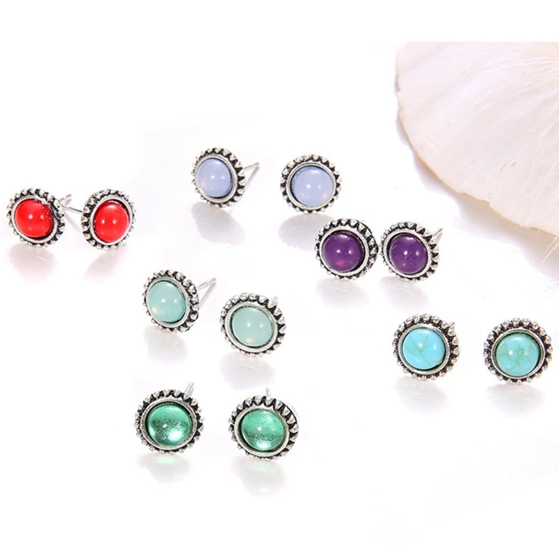 

6 Pair/ Set Simple Crystal Stud Earrings Set Mixed Punk Multi Color Opal Stone Pendientes Brincos Party Jewelry Drop shipping
