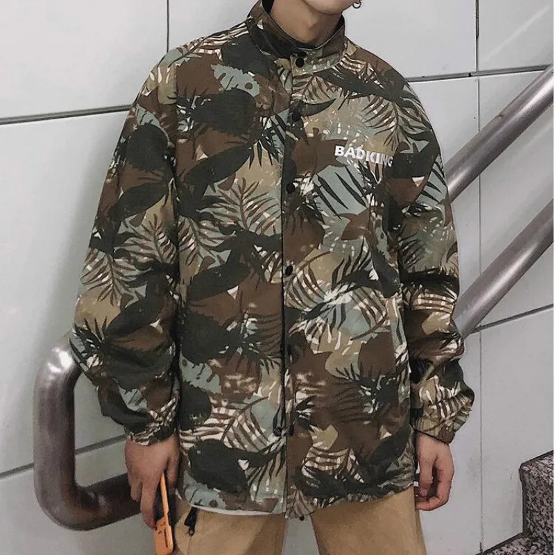 

Camouflage Palm Tree Printed Jackets Men Two Sides Wear Men's Tide Brand Jacket Hip Hop Harajuku Casual Men Coat Street Wear