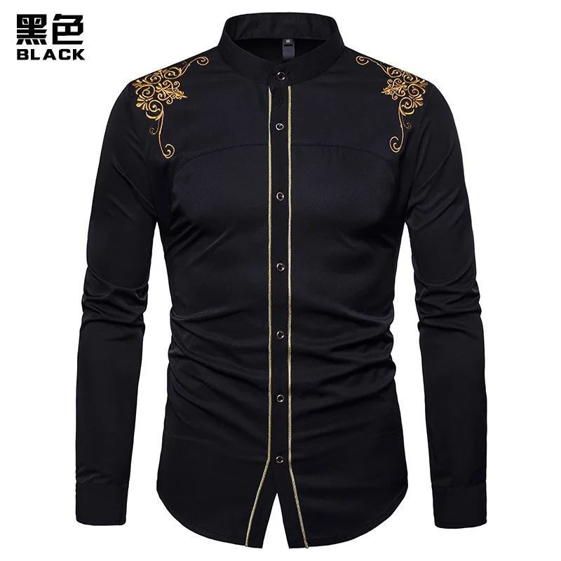 Chemise Homme Весенняя королевская Стильная однотонная рубашка с цветочной вышивкой приталенная Повседневная рубашка с длинным рукавом XXL