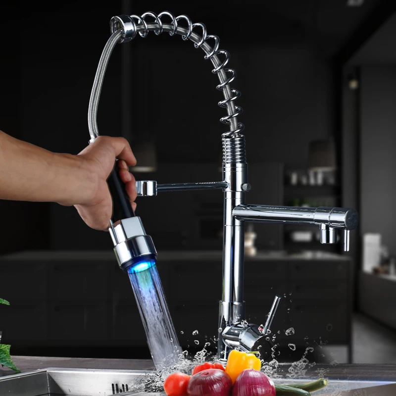 

NEW Chrome Finish Dual Spout LED Kitchen Sink Faucet Deck Mount Spring Kitchen Mixer Tap Kitchen Hot and Cold Water tap