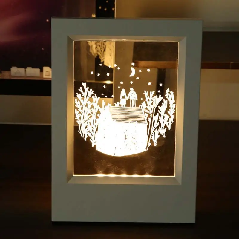 

New Arrival Deer Patterns Wood Frame Small 3D Night Light Creative Acrylic Photo Frame With Lamp Decoration USB Desk Lamp