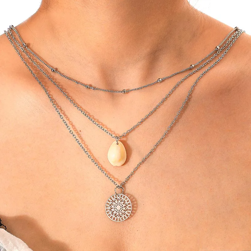 

Silver Link Chain Layered Necklace for Women Ethnic Bohemian Necklace Sea Shell Pendant Necklace Boho Women's Chockers 2019 New
