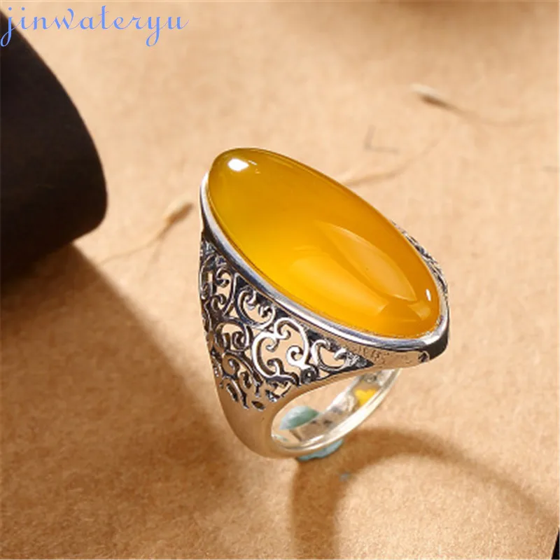Jinwateryu модные ювелирные изделия 999 серебряные кольца красный синий белый желтый черный натуральный халцедон кольца для женщин девочек - Цвет основного камня: e