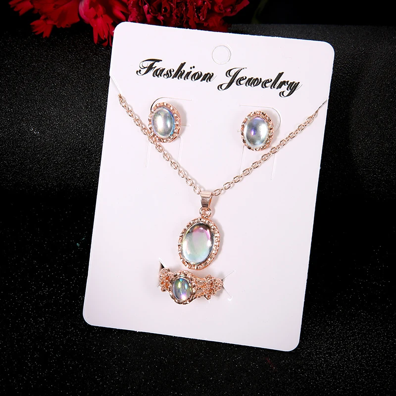 Opal Women Jewelry Sets Stone Pendant Necklaces Choker Water Drop Earrings Ring Gold Color Bohemia Wedding Jewelry Delicate Gift