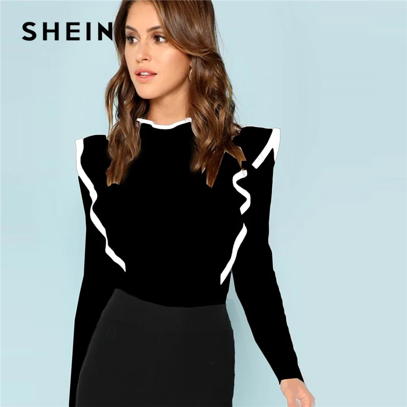 SHEIN элегантный уик-энд Повседневное Для женщин контрастной отделкой оборкой встроенная кнопка стенд collarpullovers футболки облегающая футболка