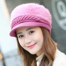 Зимняя новая шапка, Корейская Милая Элегантная Модная однотонная шапка, толстые теплые трикотажные шапки Кепка с козырьком, шапка из кроличьего меха