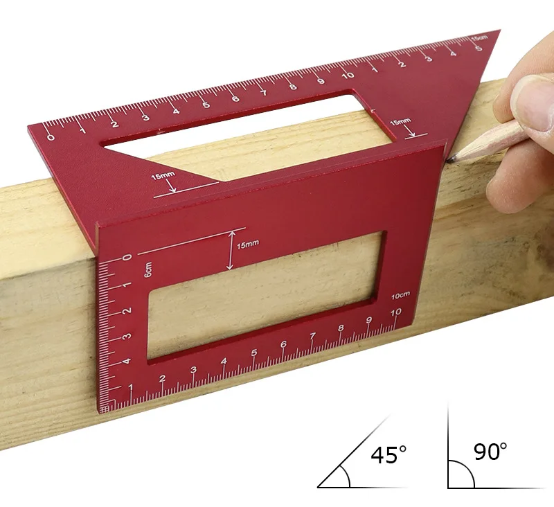 Красный алюминиевый сплав деревообрабатывающий Многофункциональный квадратный 45 градусов 90 градусов датчик Угол транспортир Деревообрабатывающие инструменты