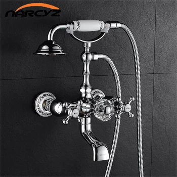 

Luxury Bathtub Faucet Brass Chrome Silver Wall Mounted Rain Shower Faucet Round Handheld 2 Handle Bathroom Mixer Tap Set XT359