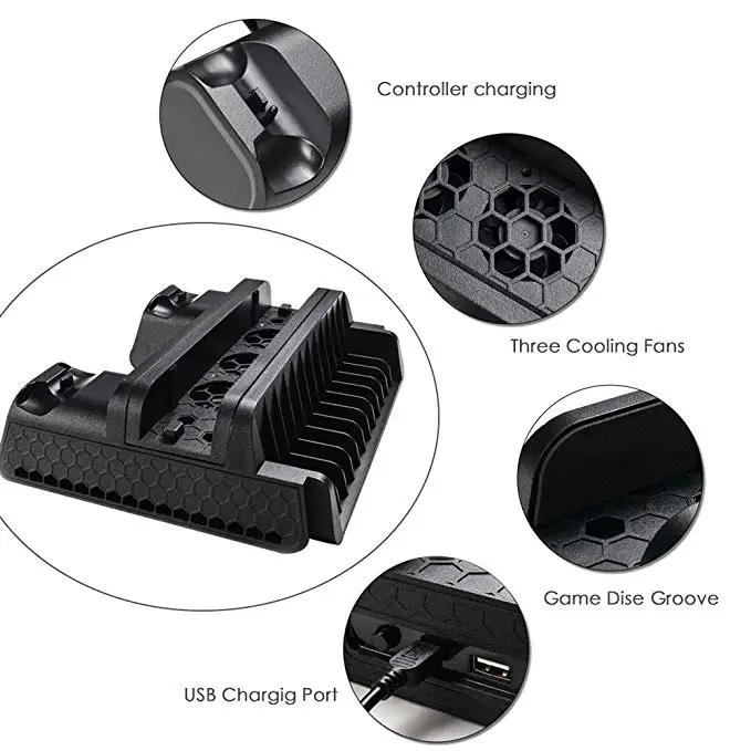  PS4/PS4 Slim/PS4 PRO Vertical Stand with Cooling Fan Cooler Dual Controller Charger Charging Statio