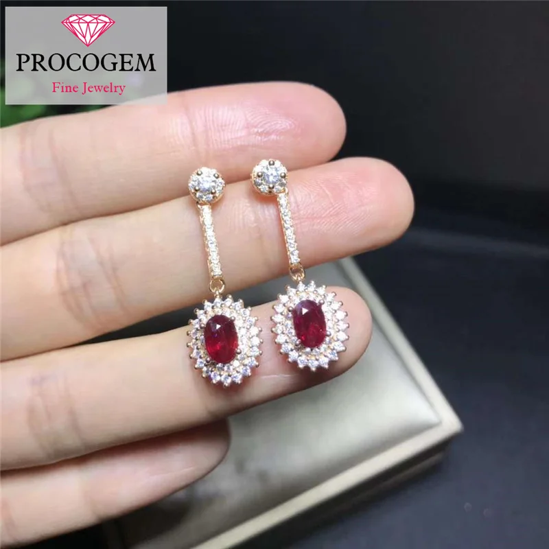 

Natural Ruby Drop Earrings for Ladies Engagement Gifts 4x6mm 0.6ctX2 Genuine gemstone Fine Zircon eardrops 925 Solid silver #284