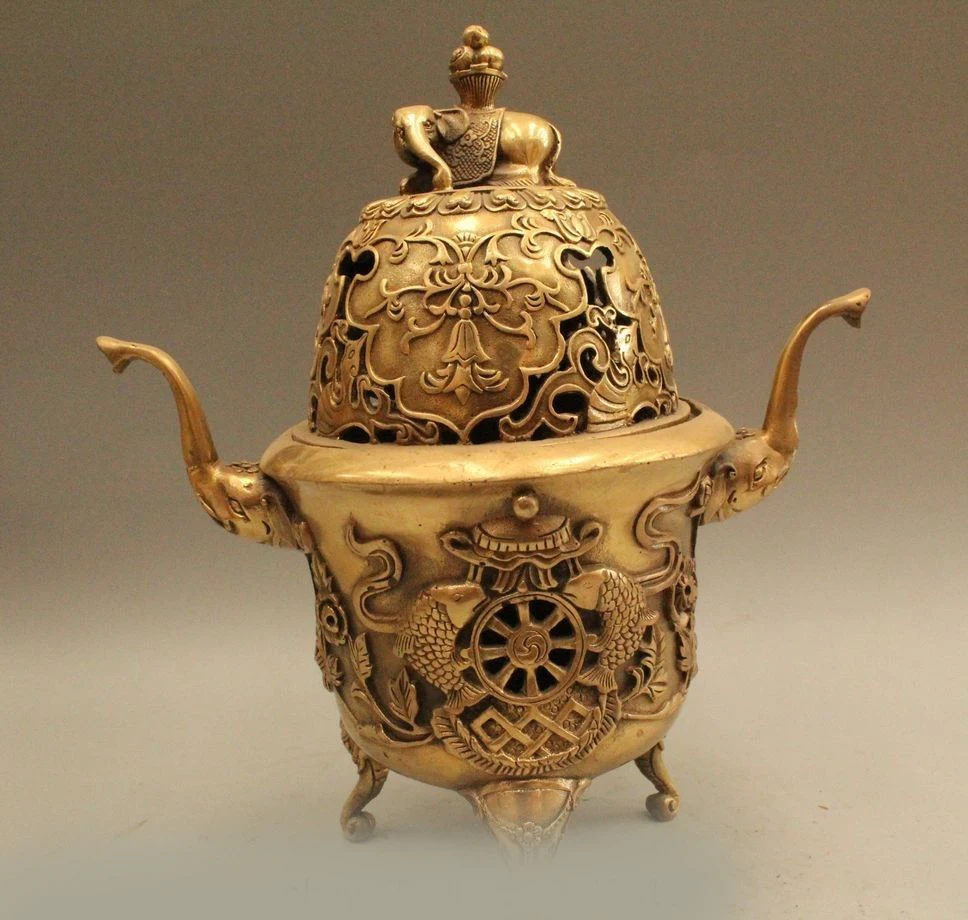 

DS 10" Marked Chinese China Brass Fish Elephant Zun Incense Burner Censer Statue