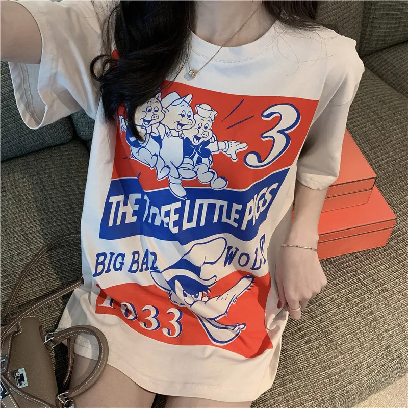 Harajuku Ulzzang Oversize tshirt мультфильм печати короткий рукав футболки корейский стиль Для женщин Свободные Летние Футболка женская Повседневное Топы