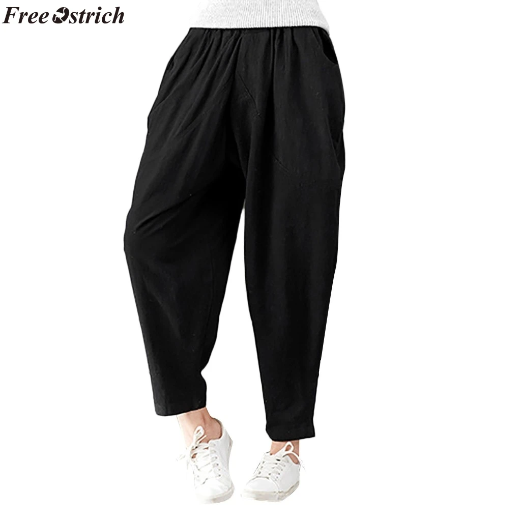 

FREE OSTRICH Autumn and winter casual warm woolen female Korean fashion solid color harem pants casual pocket Capri 2XL