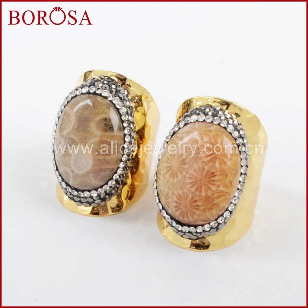 BOROSA 10 шт. кольца с хризантемой стразы натуральным кораллом Золотое кольцо
