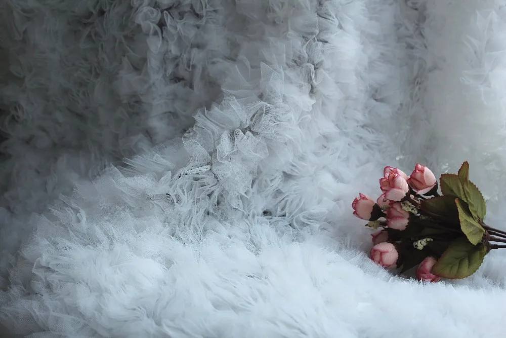 

7 yards off-white mesh ruffled faric, 3D rosette pleated, soft touching ivory photography backdrop 140cm width