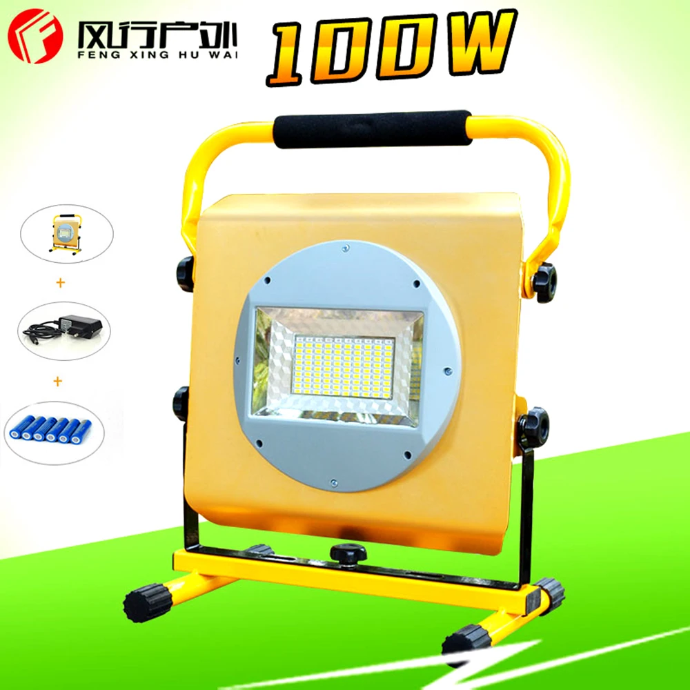 New 6*18650 battery +New Powerful Lights Rechargeable Led Floodlight 100LEDs 2400lumen 100w flood Lamp Portable Light dac709kh new
