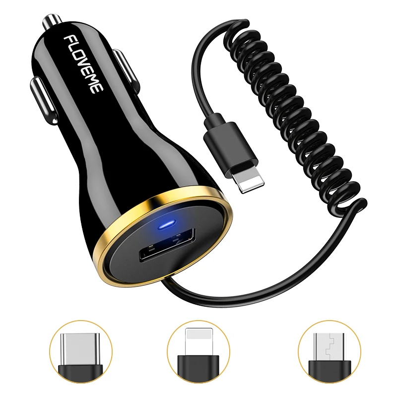 

FLOVEME Car Charge USB Quick Phone Charger For iphone 7 8 6 X Car USB Phone Charger With Micro USB Type C LED Lighting Cable