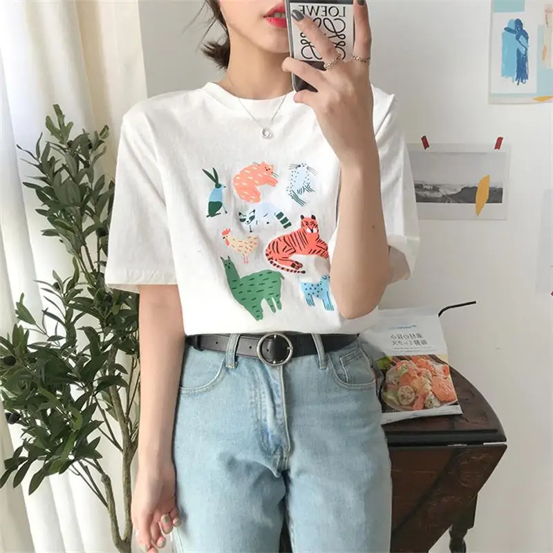 

Women's T-shirts Korean Ulzzang Lovely Colorful Cartoon Animal Print Short Sleeve T-shirt Female Kawaii Ins Chic Top For Women