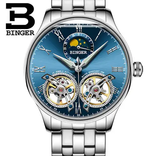 Двойной Tourbillon, швейцарские мужские часы, BINGER, оригинальные автоматические часы, мужские Модные механические наручные часы, кожаные часы - Цвет: Silv blue B8606A st